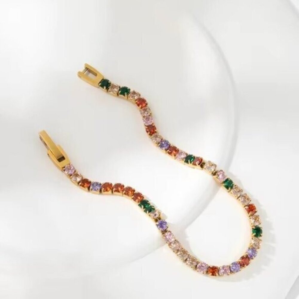 Colorful CZ Tennis Bracelet Waterproof Gold Stacking Bracelet Gold Box Clasp - Picture 11 of 15